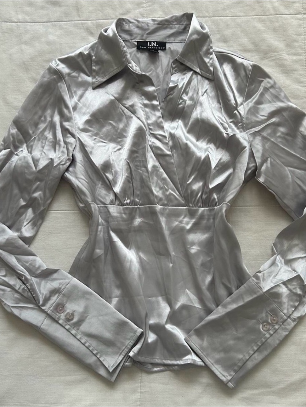I.N. San Francisco Silver Satin Peplum Blouse